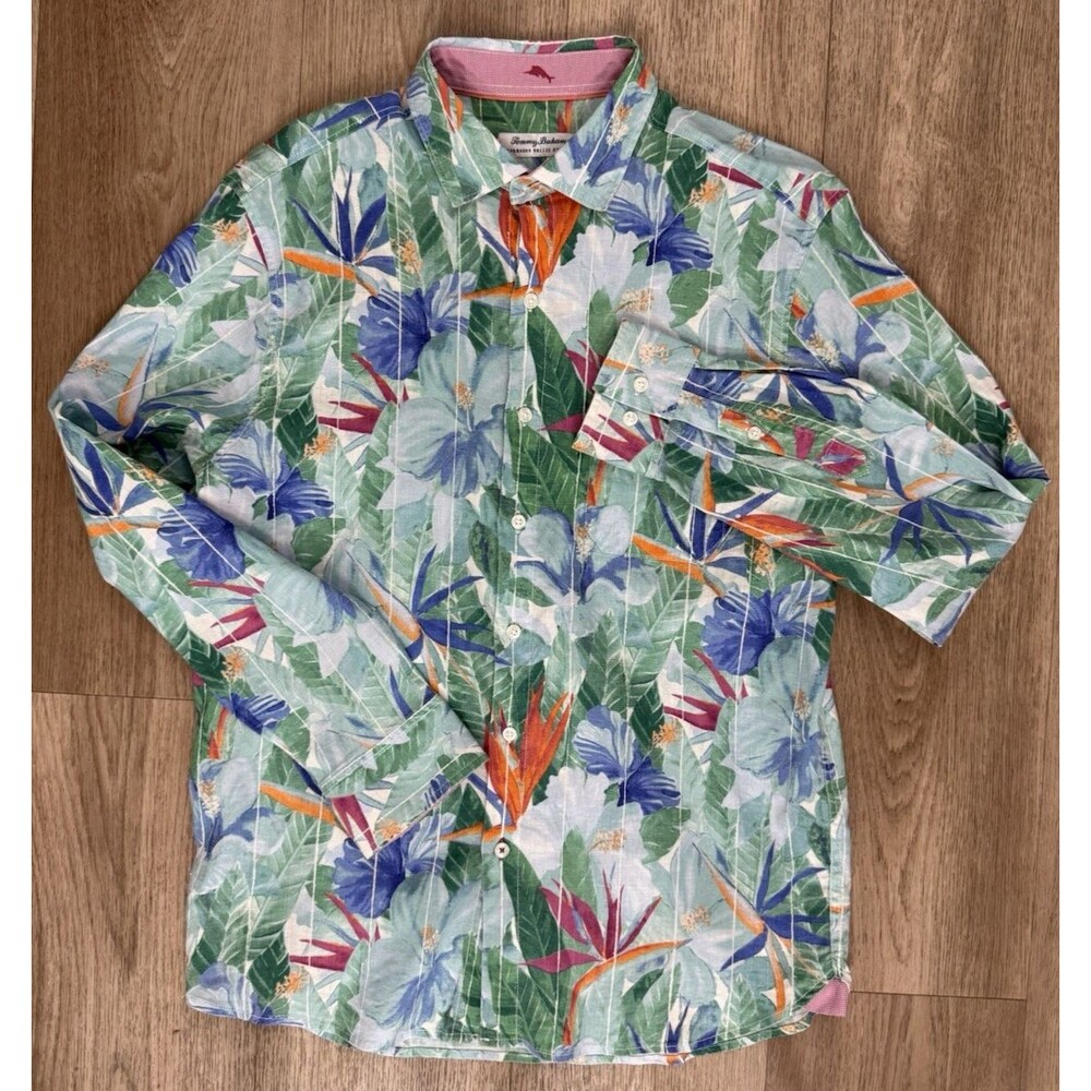 Men’s Medium Tommy Bahama Barbados Breeze Airy Blooms Stretch Linen Shirt Floral
